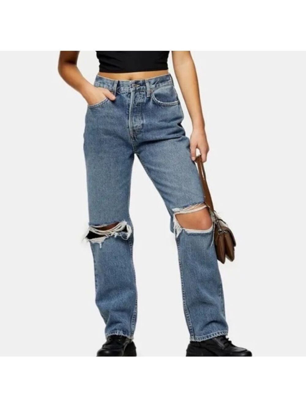 Topshop Dad Jeans Distressed Ripped Button Fly High Rise 26x30 Women